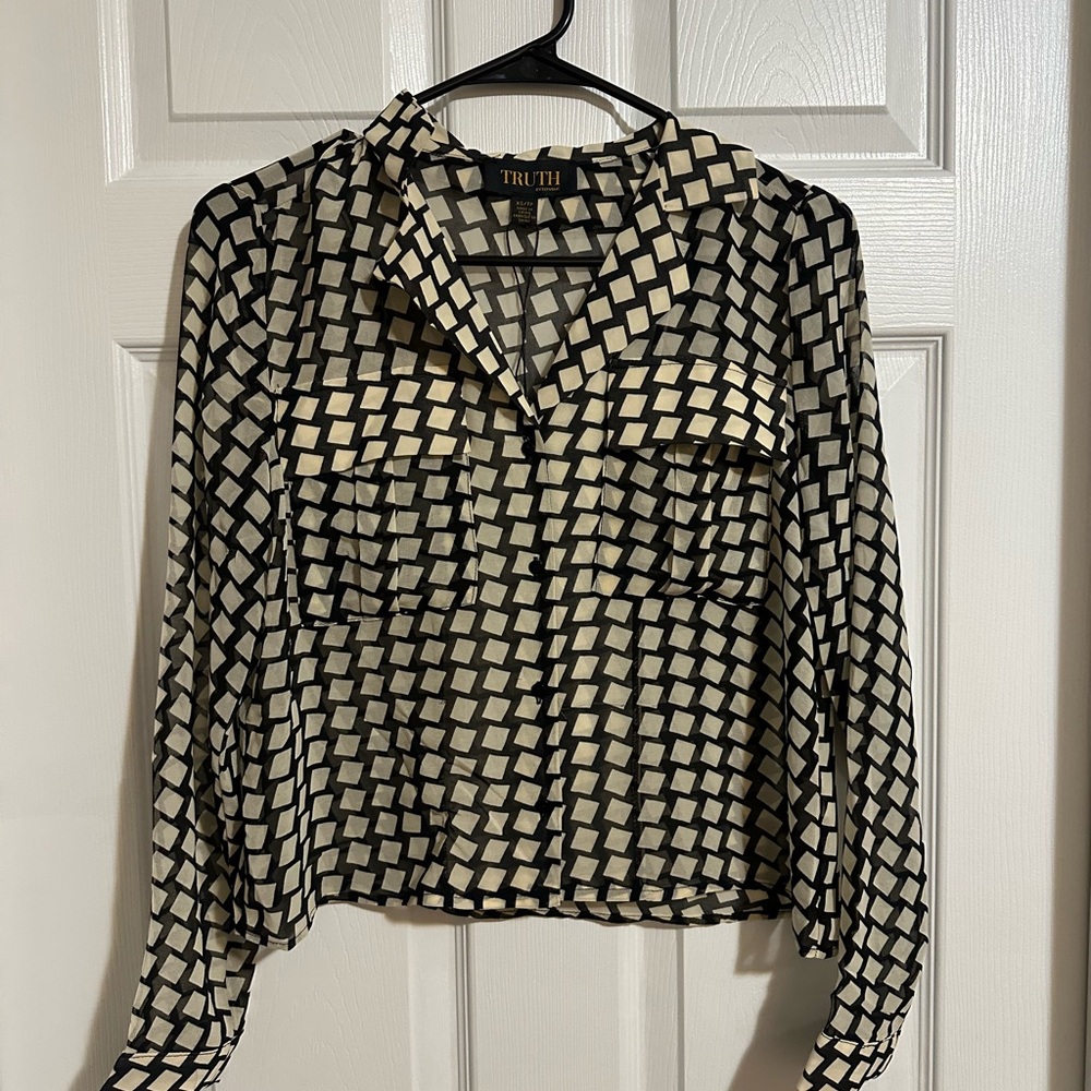 Off white(cream) and black long sleeve blouse with buttons
